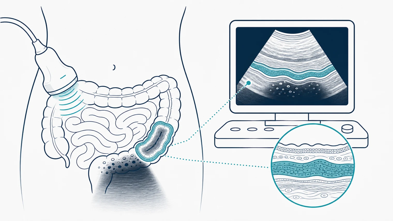Schematic bowel ultrasound guide showing conditions ultrasound can and cannot assess