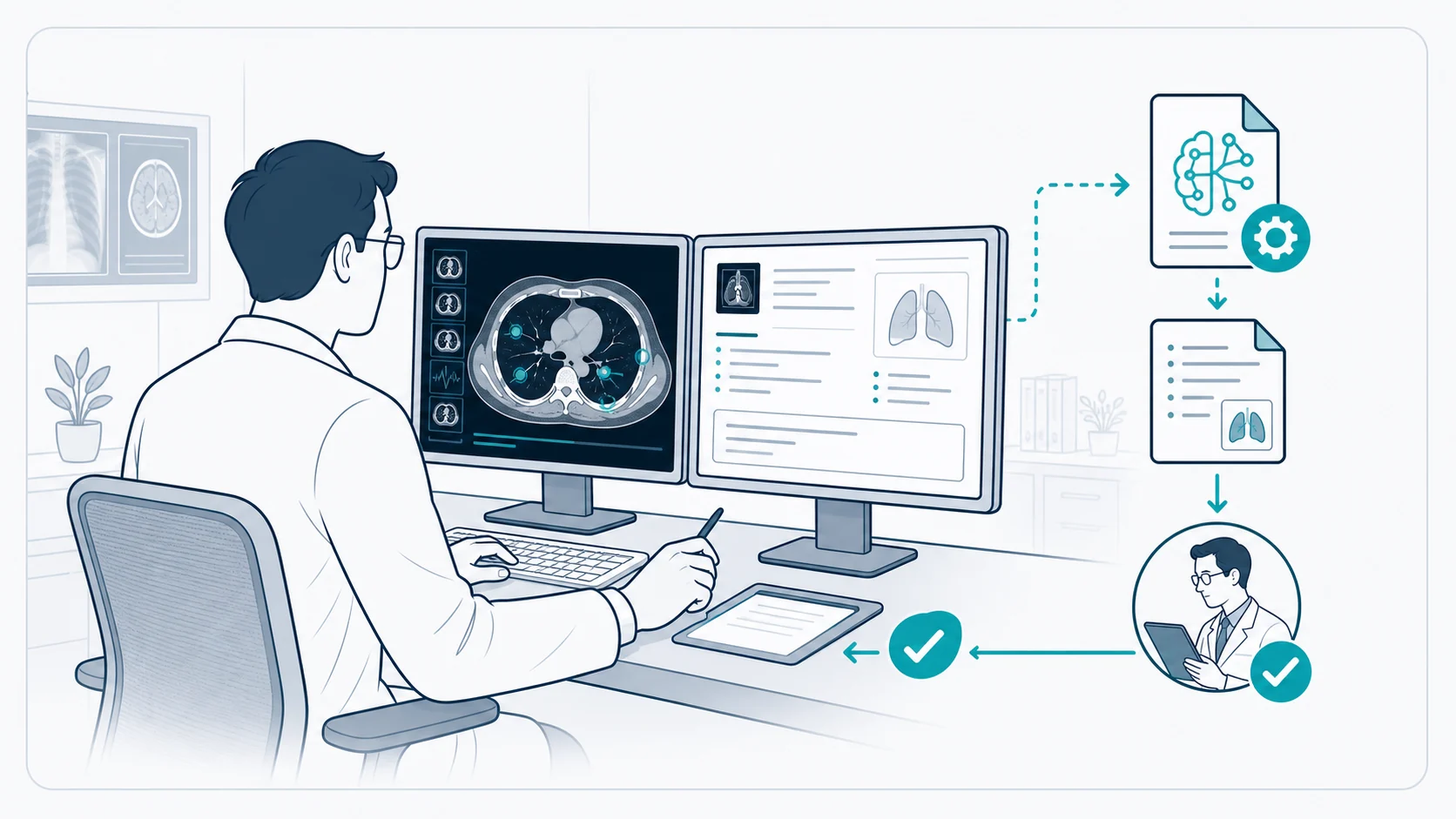 Schematic radiologist workstation showing scan review, AI report support and human sign-off